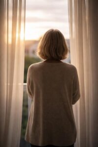 Mulher pensativa olhando pela janela com iluminação suave